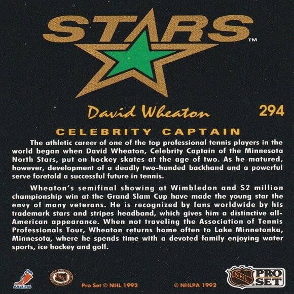 David Wheaton - Celebrity Captain Minnesota North Stars - 1992 Pro Set Card 294 - Picture 2 of 2